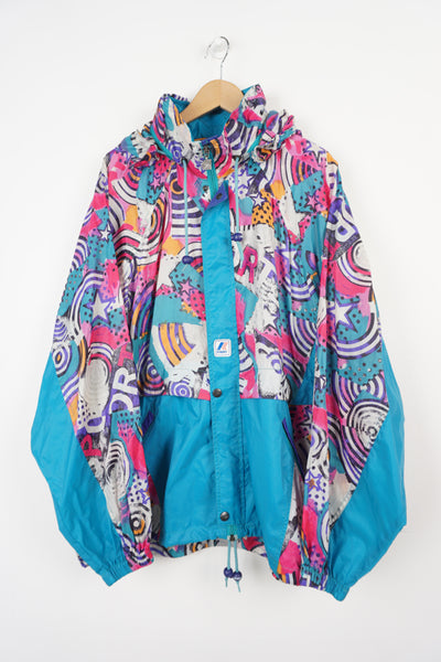 K-way  retro style all over print , zip through windbreaker with embroidered badge on the front