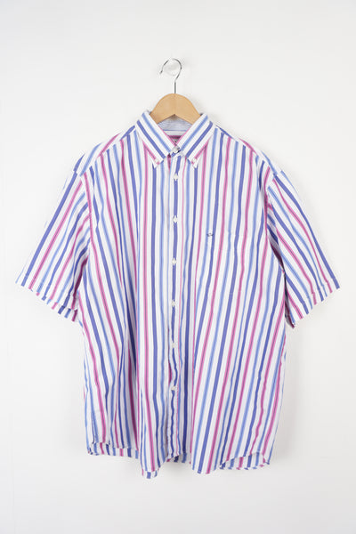 White and purple vertical striped shirt with embroidered Paul & Shark logo on the pocket