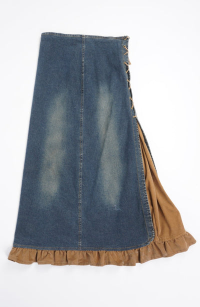 Vintage Y2K style denim maxi skirt with lace up split detail 
