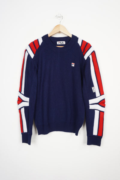 Vintage navy blue colour block Fila knit jumper with embroidered logo on the chest and padded details on the sleeve