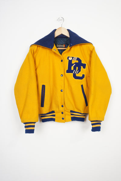 Vintage all yellow wool cheerleading letterman jacket with zip up hood and embroidered lettering