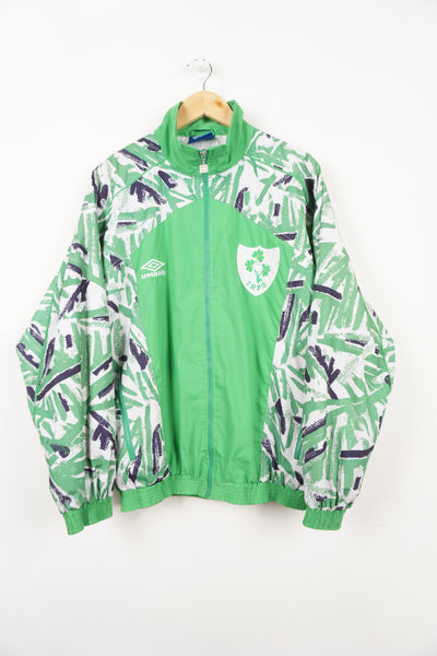 Vintage 90's Ireland rugby union Umbro zip through green track jacket with embroidered badges on the chest and back