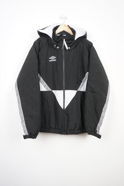 Vintage black and white zip through Umbro coat with embroidered logo on the chest and removable hood