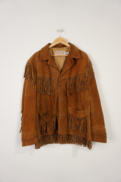 Vintage Western Schott tan suede leather jacket with fringe details on the front and down both sleeves