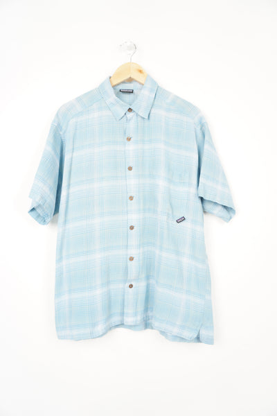 Patagonia organic cotton blue check shirt with Patagonia tab on the pocket