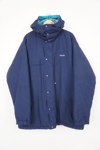Vintage Patagonia navy blue zip through padded coat with removable hood and embroidered logo on the chest