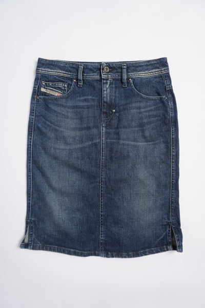 Vintage Diesel blue wash denim skirt with small slits on the side 