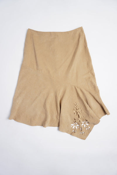 Y2K New Look tan faux suede asymmetric skirt with cut out floral detail