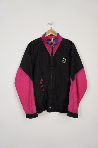 Vintage 80s black and pink Puma zip through shell jacket with embroidered logo and spell-out detail