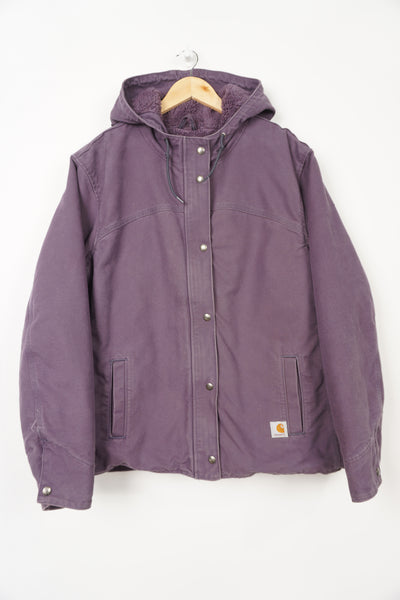 Purple heavy duty cotton hooded Carhartt  jacket with embroidered logo on the pocket and fleece lining