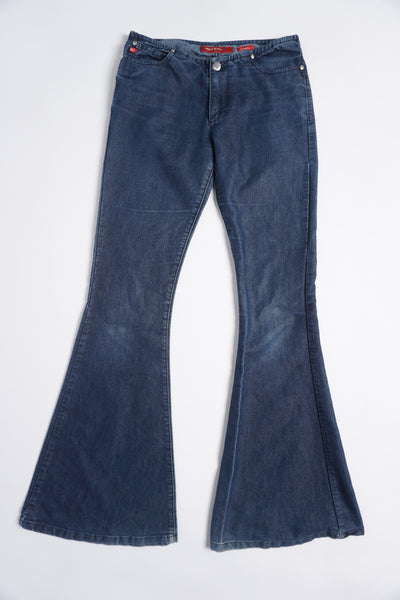 Y2K Miss Sixty Augusta flared blue denim jeans with embroidered details on the back