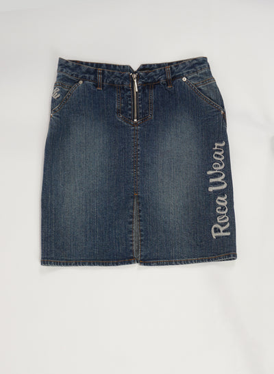 Vintage Y2K Roca Wear denim skirt with small slit in the front and embroidered spell-out detail down the front