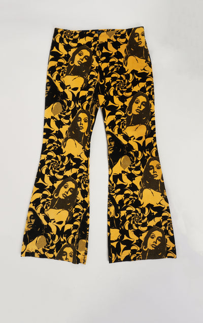 Vintage yellow & black graphic print high waisted corduroy flares