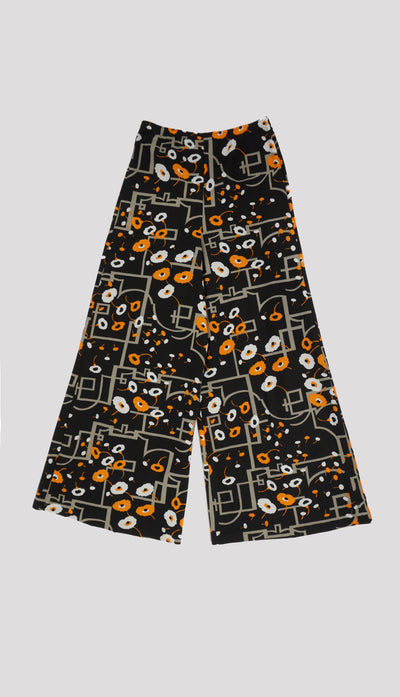 Vintage 1970s orange and black floral print wide leg trousers with elasticated waist
