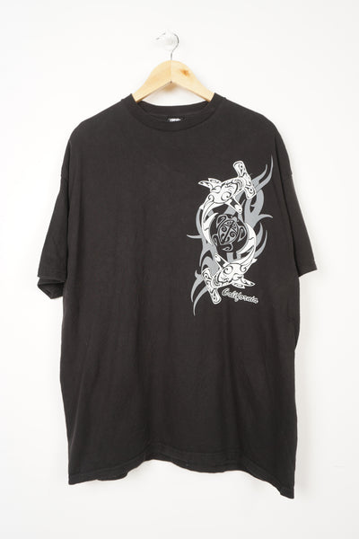 2000's black Stussy t-shirt with hammerhead shark graphic on the front and back