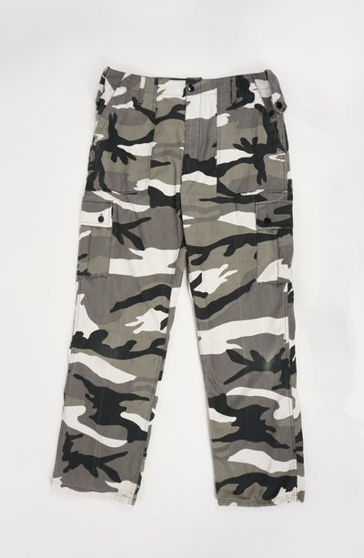 Vintage black, white and grey camoflauge cargo trousers with multiple pockets 