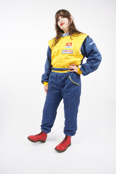 Vintage 1994 Sparco x Ford blue and yellow zip up overalls with embroidered sponsors