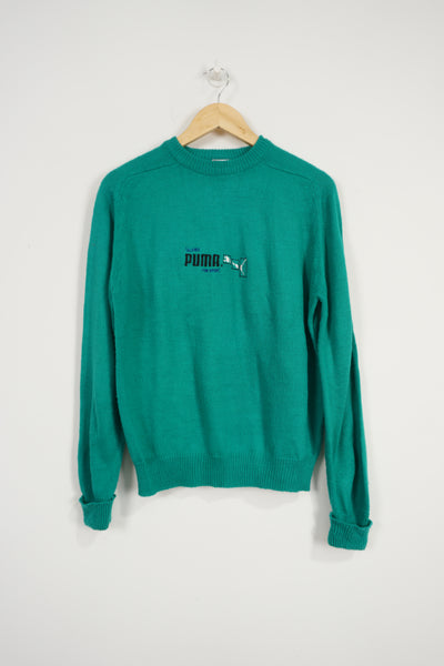 Vintage Puma knitted green jumper with embroidered logo on the chest