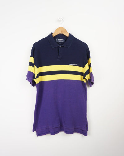Polo by Ralph Lauren navy blue/purple shirt with striped motif and embroidered logo. good condition Size in Label: S Our Measurements: Chest: 22 inchesLength: 29 inches Please ensure you check all measurements. ** All our items are pre-loved and as a result may show signs of wear due to the age of the product, for any questions about this or any other item please email hello@vintage-folk.com **