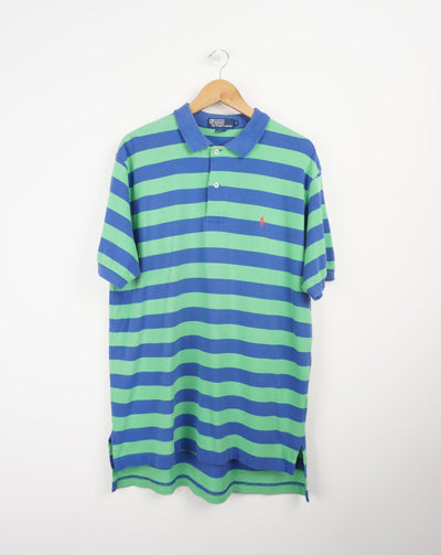 Vintage Ralph Lauren blue and green striped polo shirt embroidered logo. good condition Size in Label: L Our Measurements: Chest: 23 inchesLength: 33 inches Please ensure you check all measurements. ** All our items are pre-loved and as a result may show signs of wear due to the age of the product, for any questions about this or any other item please email hello@vintage-folk.com **