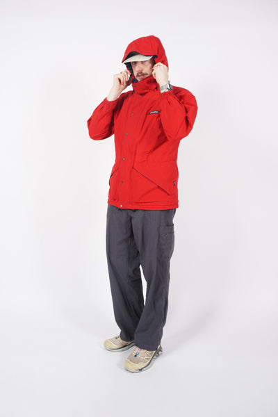 Berghaus red, zip through waterproof jacket with hood, draw string waist and embroidered logo on the chest