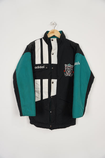 Vintage 1992-94 black and green Adidas / Liverpool F.C bench coat, with embroidered logo on the chest and printed spell-out on the back