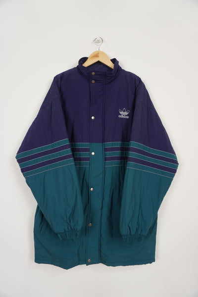 Vintage 90's green and blue Adidas padded sports coat, with embroidered logo on the chest and drawstring waist