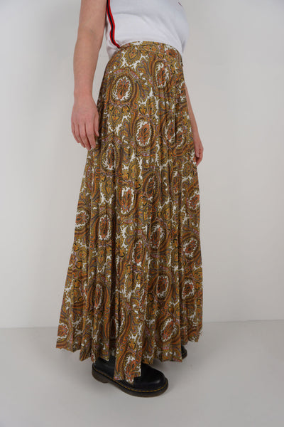 Vintage Yellow Ornate Print 'Madison' Pleated Maxi Skirt