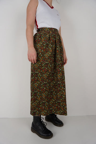 Vintage Green Paisley Print Long Corduroy Maxi Skirt  