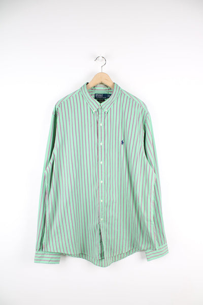 Ralph Lauren green striped button up shirt with signature embroidered logo on the chest. 