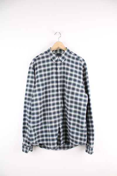 Ralph Lauren green button up shirt with blue, white and yellow checks. Features embroidered logo on the chest. 