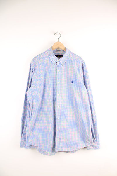Ralph Lauren blue, pink and green plaid button up shirt. Features signature embroidered logo on the chest. 