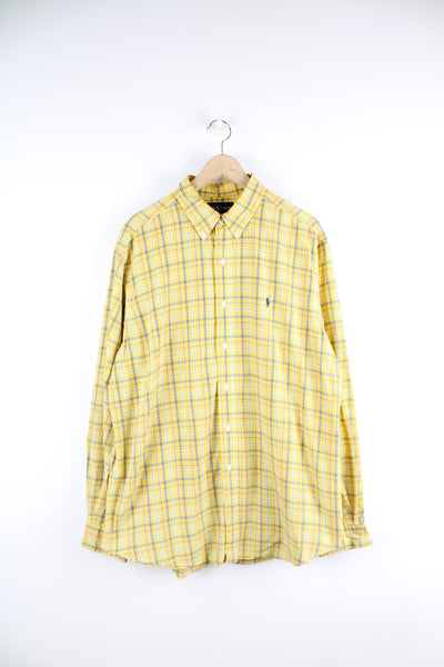 Ralph Lauren yellow button up shirt with pink, blue and green checks. Features signature embroidered logo on the chest. 