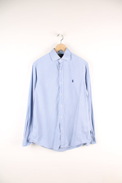 Ralph Lauren blue and pink pinstripe button up shirt with signature embroidered logo on the chest.