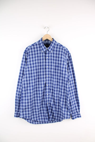 Ralph Lauren blue button up plaid shirt with signature embroidered logo on the chest.