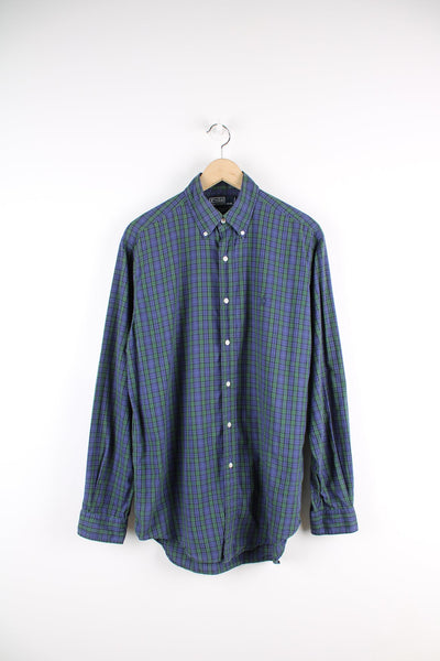 Ralph Lauren blue and green plaid button up shirt with signature embroidered logo on the chest.