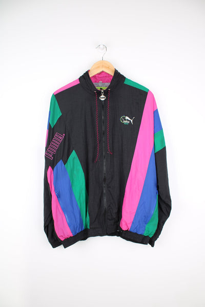 Vintage Puma black tracksuit top with green, pink and blue panelling. Features embroidered logo.