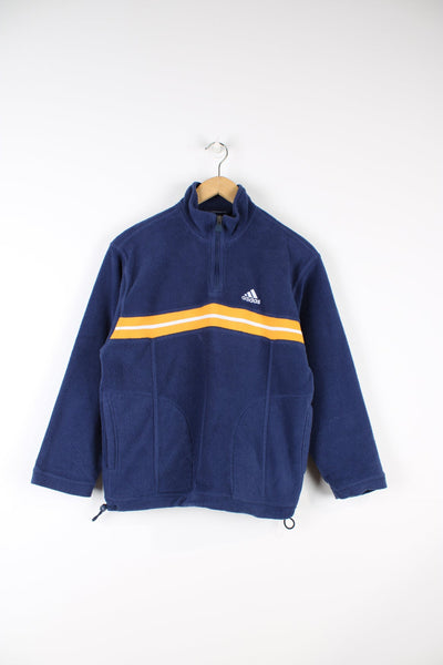 Blue Adidas quarter zip pullover sweatshirt. Features embroidered logo and yellow stripe across the chest.