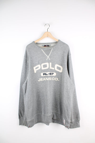 Ralph Lauren Polo Jeans Co grey sweatshirt with embroidered spell out logo across the chest.