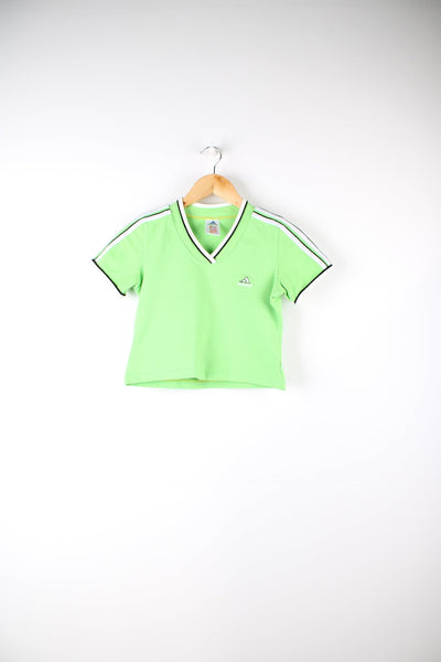 Vintage Adidas green cropped baby tee. Features embroidered logo on the chest and signature three stripes on the sleeves.