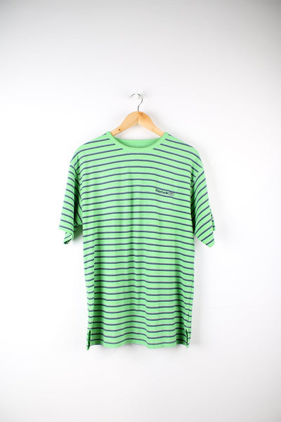 Vintage Reebok striped T-Shirt in green and blue. Features embroidered logo on the chest. 