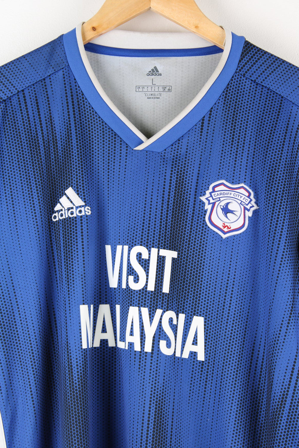 Cardiff City England 2019/20 Adidas home football shirt. Features embroidered logo and badge on the chest.