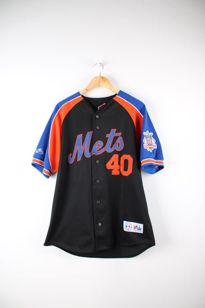 New York Mets MLB Baseball Jersey by Majestic in black, blue and orange. Features embroidered logo and badge.