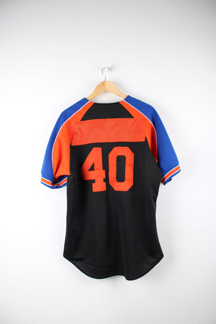 New York Mets MLB Baseball Jersey by Majestic in black, blue and orange. Features embroidered logo and badge.