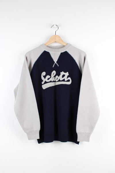 Schott blue and grey varsity style knitted jumper, features embroidered spell-out details across the chest