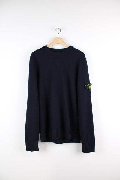 Stone Island navy blue knitted jumper, features signature bagde on the sleeve 