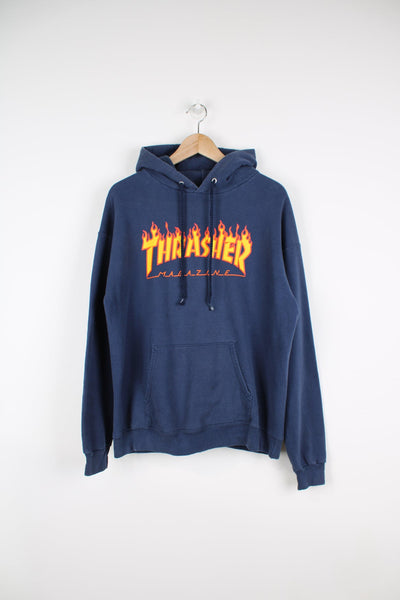 Blue Thrasher hoodie with printed logo across the chest.