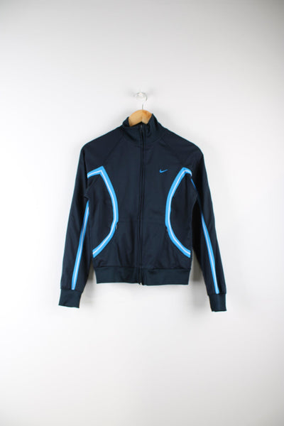 Nike navy tracksuit top with embroidered logo on the chest and blue stripe detailing.