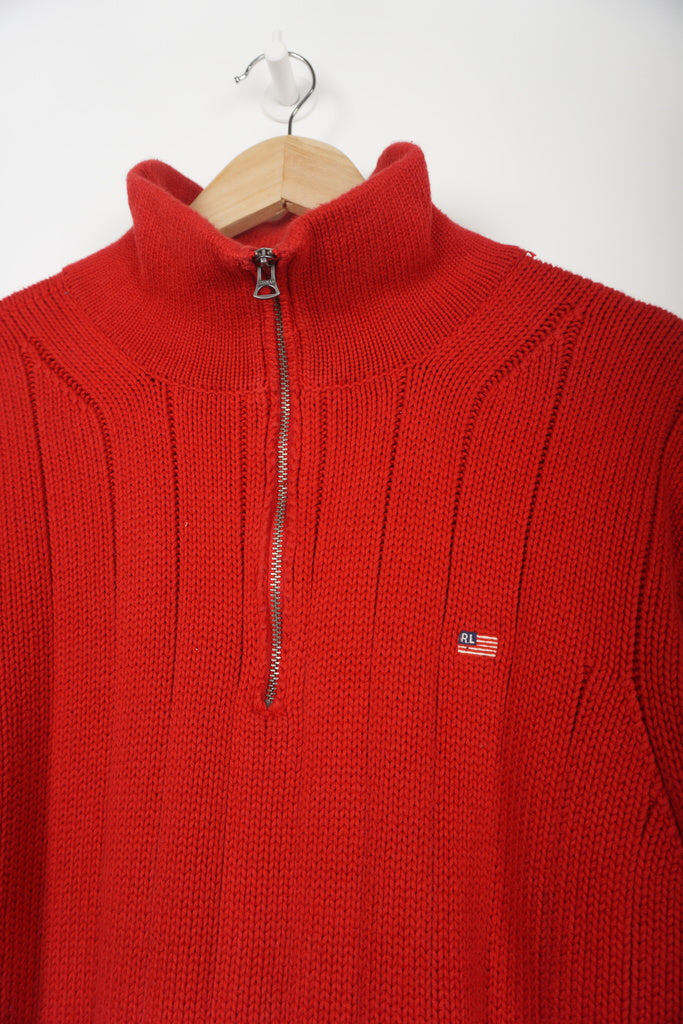 Ralph Lauren Polo Jeans Company, red 1/4 zip knit jumper with small embroidered flag logo on the chest 