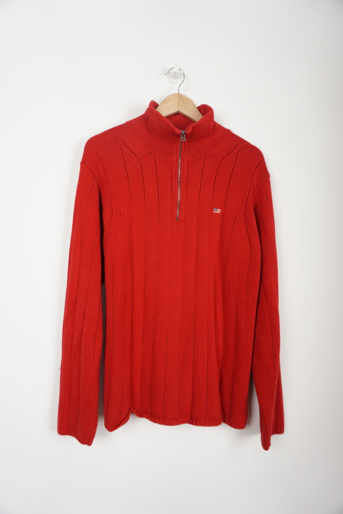Ralph Lauren Polo Jeans Company, red 1/4 zip knit jumper with small embroidered flag logo on the chest 